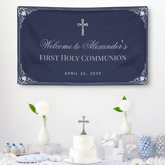 Banderoles Garçon Première communion Marine Bleu Élégant Croi (Créateur téléchargé)