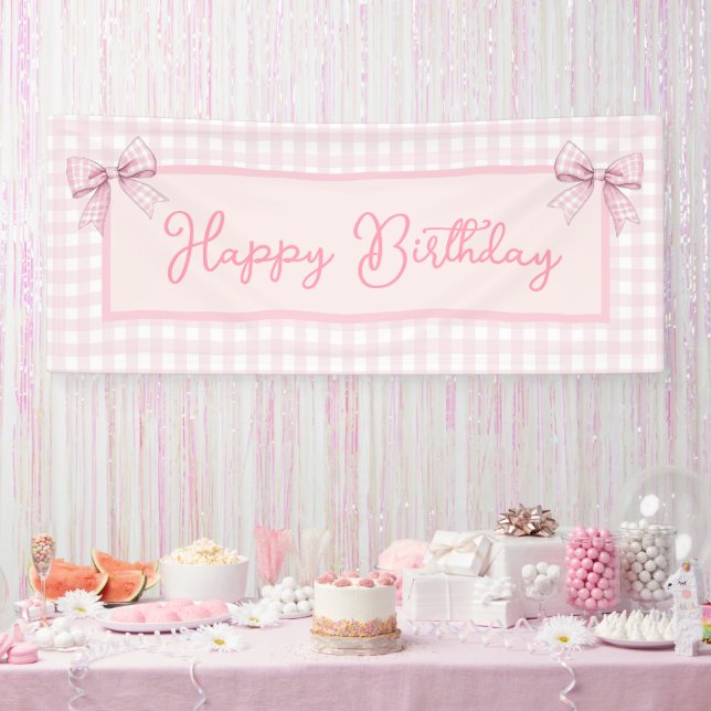 Banderoles Gingham rose et blanc Joyeux Anniversaire (Fête)