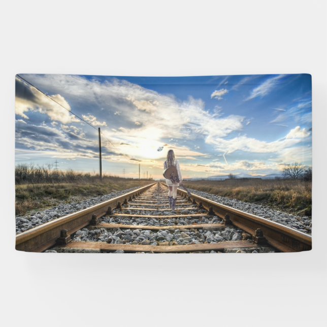 Banderoles Girl With Guitar on Railroad Tracks (Horizontal)
