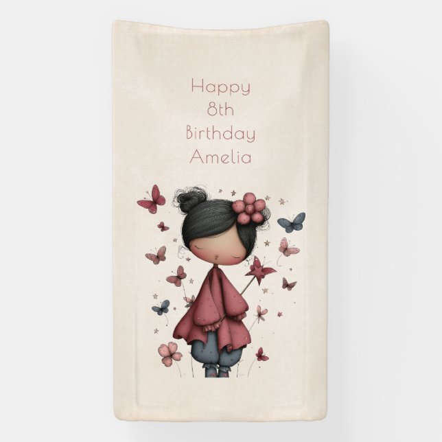 Banderoles Girl with Magic Wand and Butterflies Birthday (Verticale)