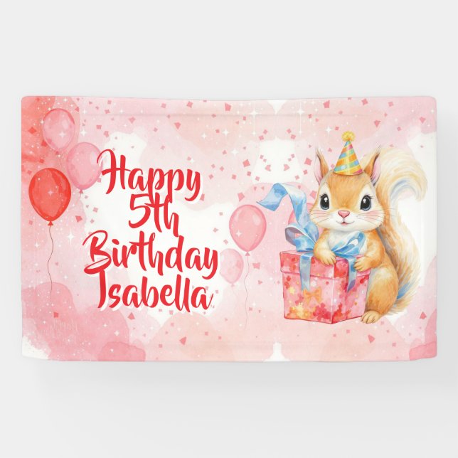 Banderoles Girl's Birthday Squirrel themed Pink and Red (Horizontal)