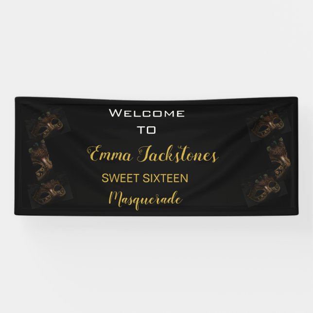 Banderoles Glam Black & Gold Masquerade Anniversaire Bienvenu (Horizontal)