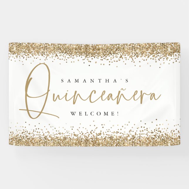 Banderoles Glam Gold Nom de la Parties scintillant Welcome Qu (Horizontal)