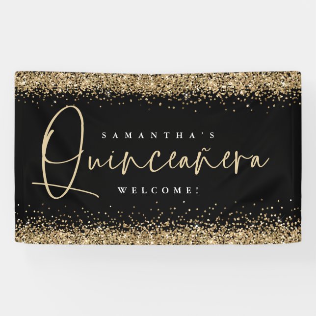 Banderoles Glam Gold Nom de la Parties scintillant Welcome Qu (Horizontal)