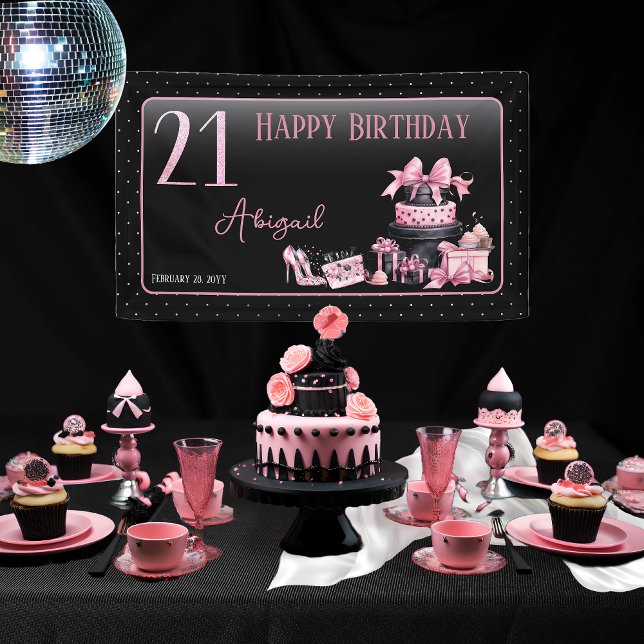 Banderoles Glam Pink Black Fashion 21ème anniversaire (Glam Pink and Black French Couture Fashion 21st Birthday Party Banner)