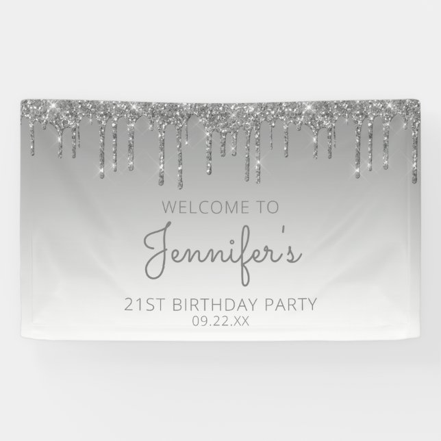 Banderoles Glam Silver Parties scintillant Drip 21st Birthday (Horizontal)