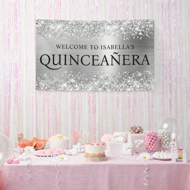 Banderoles Glittery Silver Foil Quinceanera Tous les Casquett (Fête)