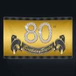 Banderoles Gold 80th Birthday Party<br><div class="desc">Bannière de fête du 80e anniversaire avec de beaux numéros de diamants or et jolie bannière noir et or sur un élégant arrière - plan or. Vous pouvez modifier la taille de la bannière numérique et ajouter du texte pour personnaliser cette élégante bannière de fête du 80e anniversaire! Il s'agit...</div>