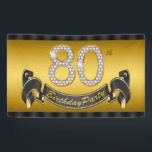 Banderoles Gold 80th Birthday Party<br><div class="desc">Bannière de fête du 80e anniversaire avec de beaux numéros de diamants or et jolie bannière noir et or sur un élégant arrière - plan or. Vous pouvez modifier la taille de la bannière numérique et ajouter du texte pour personnaliser cette élégante bannière de fête du 80e anniversaire! Il s'agit...</div>