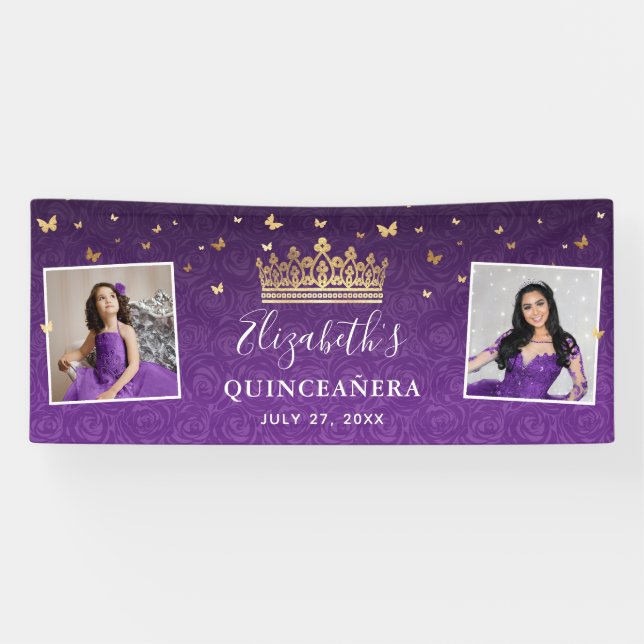 Banderoles Gold and Purple Roses 2 Photo Birthday Quinceanera (Horizontal)