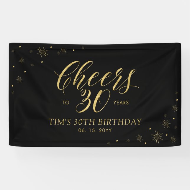Banderoles Gold & Black Modern Cheers 30e fête d'anniversaire (Horizontal)