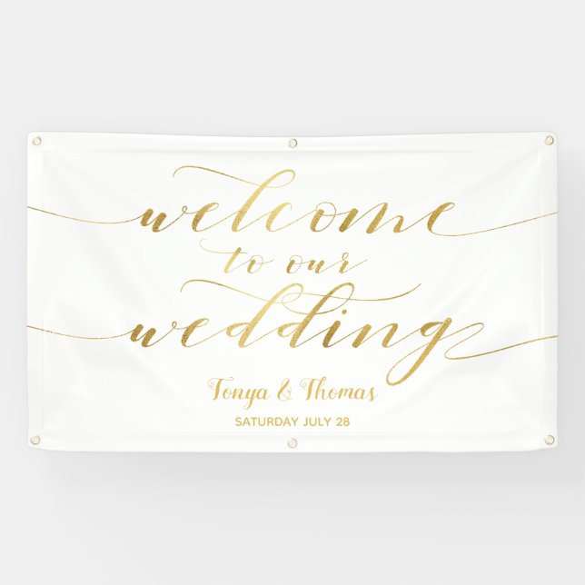 Banderoles Gold Calligraphy White Bienvenue À Notre Mariage (Horizontal)