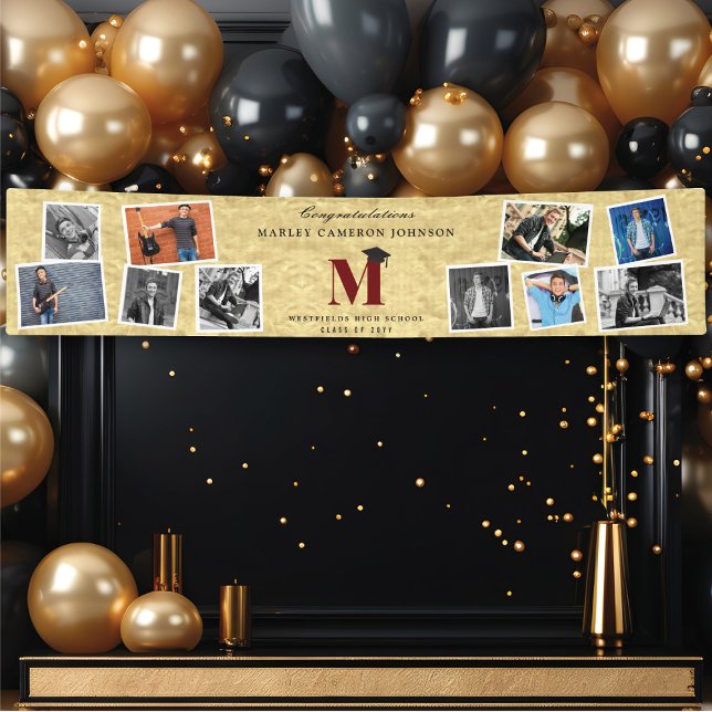Banderoles Gold Foil Monogramme 10 Multi Photo Graduation Par (Gold Faux Foil Name Monogram 10 Photo Chic Graduation Party Banner @ www.zazzle.com/color_therapy)