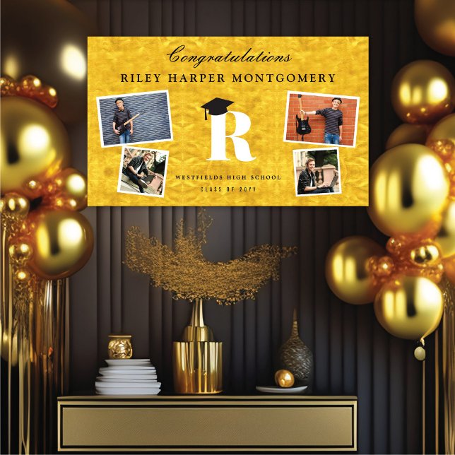 Banderoles Gold Foil Monogramme 4 Photo Modern Graduation Par (Golden Faux Foil Name Monogram 4 Photo Chic Graduation Party Banner @ www.zazzle.com/color_therapy)