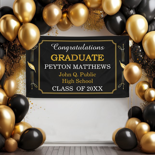 Banderoles Gold Leaf Félicitations Diplômé 20XX (Black and Gold Tone Leaves "Graduate" Graduation Party Banner)