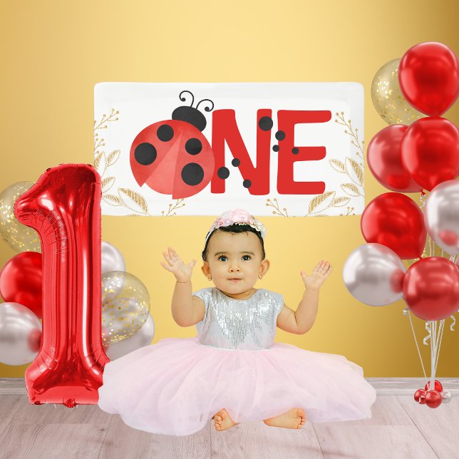 Banderoles Gold Parties scintillant ONE Ladybug Anniversaire  (Light Pink Salmon Mini Watercolor Ladybug ONE Hanging Vinyl Banner for Photoshoot or Cake Smash)