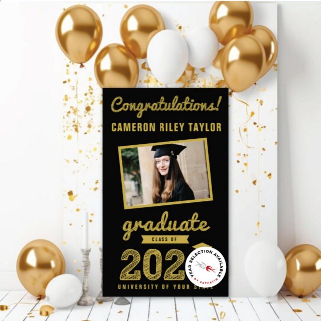 Banderoles Gold Sketch 2025 Félicats Photo Graduation Party (20YY Gold & Black Sketch One Photo Modern Graduation Party Banner @ www.zazzle.com/color_therapy)