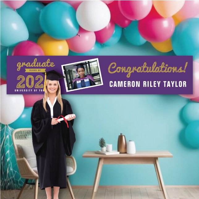 Banderoles Gold Sketch Classe de 2025 Photo Graduation Party (2024 Purple & Gold Sketch, Modern One Photo Graduation Party Banner @ www.zazzle.com/color_therapy)