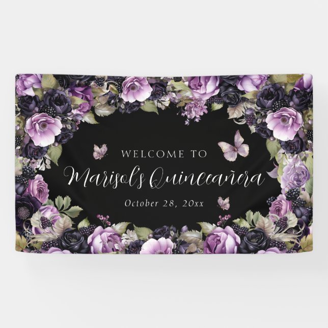 Banderoles Gothique violet et noir Moody Florals Quinceañera (Horizontal)