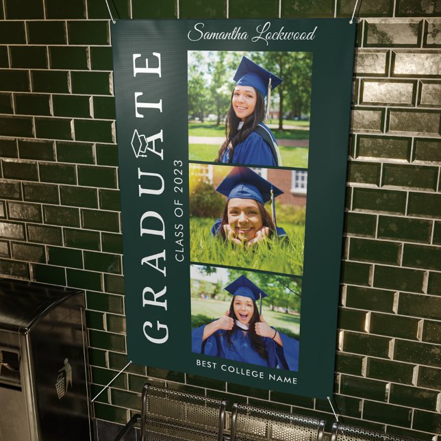Banderoles Graduation 2025 Grad photo vert et blanc (Graduation Party Decor Class of 2024 Multi Photo Banner)