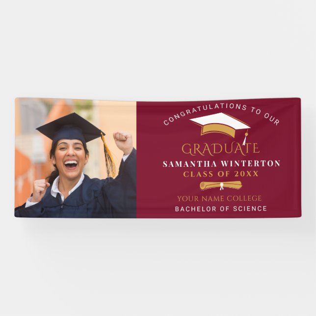 Banderoles Graduation 2025 Photo Grad Casquette Bourgogne (Horizontal)