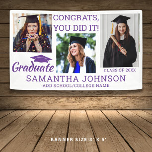 Banderoles Graduation 3 Photo Félicats Grad 2025 Violet Blanc