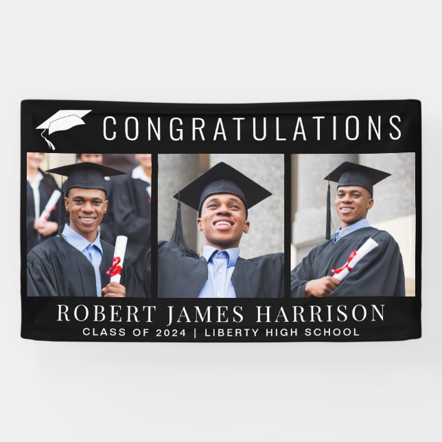 Banderoles Graduation 3 Photo Félicitations Noir (Horizontal)
