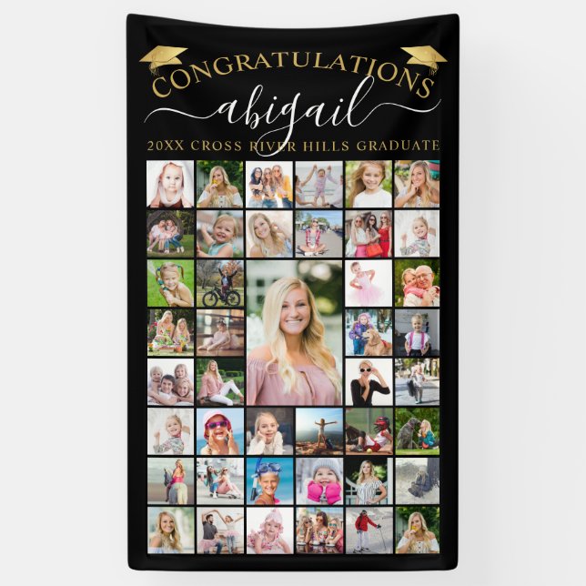 Banderoles Graduation 43 Photo Collage Script Black Gold (Vertical)