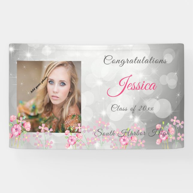 Banderoles Graduation Argent Bokeh, Fleurs Roses, Personnalis (Horizontal)