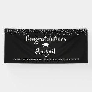 Banderoles Graduation Argent Confetti Brush Script Noir