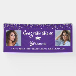 Banderoles Graduation Argent Confetti Script Photo violet