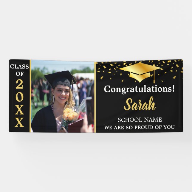 Banderoles Graduation Black & Gold Custom Photo Class Of 2025 (Horizontal)