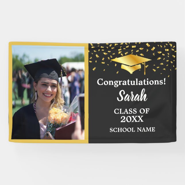 Banderoles Graduation Black & Gold Custom Photo Class Of 2025 (Horizontal)