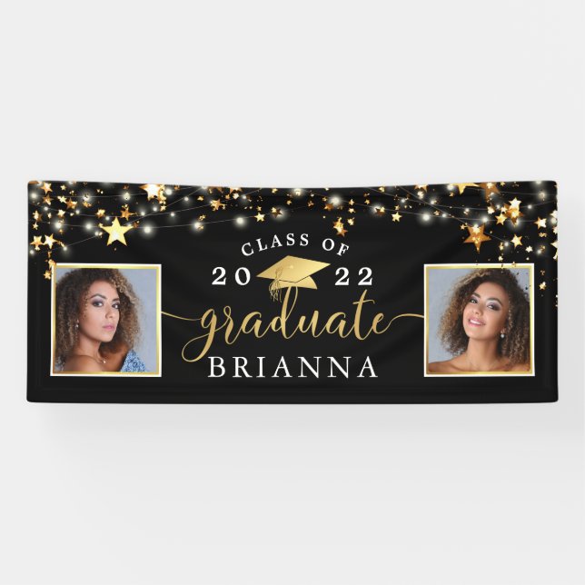 Banderoles Graduation Black Gold Stars Lights Confetti Photo (Horizontal)