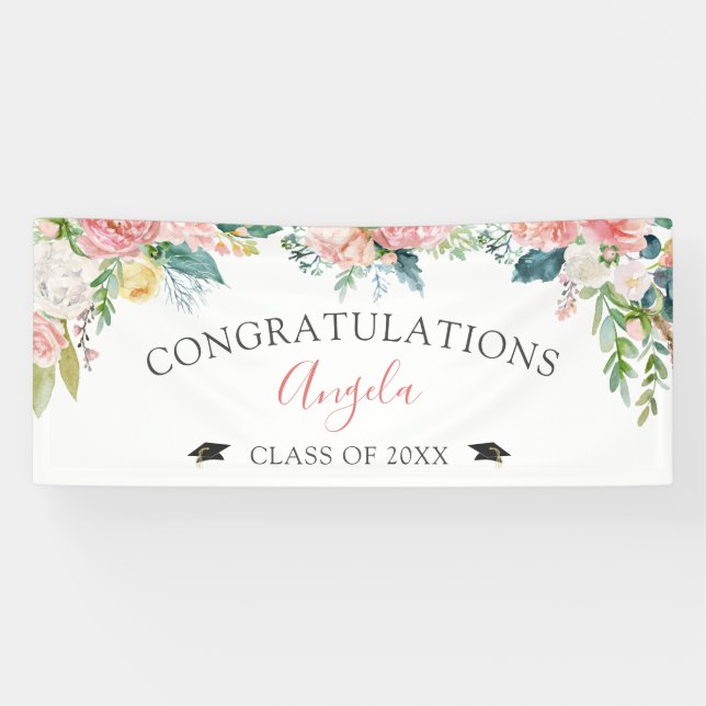 Banderoles Graduation Blush rose floral Script personnalisé (Horizontal)
