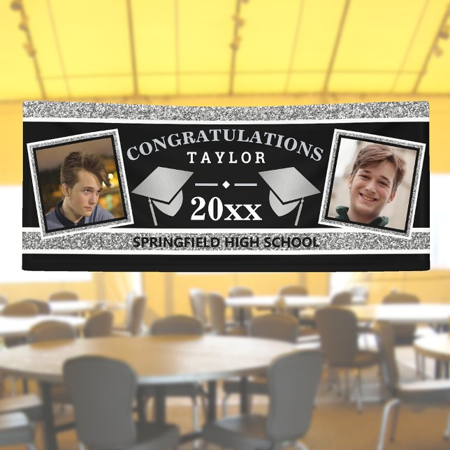 Banderoles Graduation Cap Argent Et Noir Félicitations (Créateur téléchargé)
