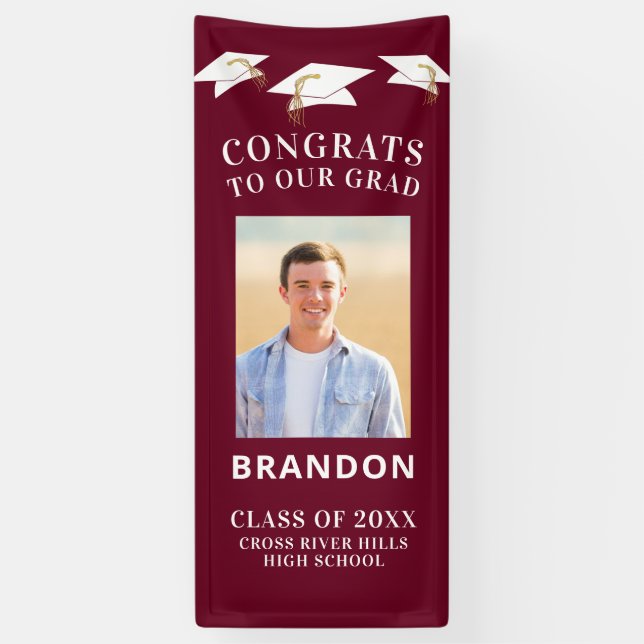 Banderoles Graduation Cap Toss GRATS GRAD Photo Maroon (Vertical)