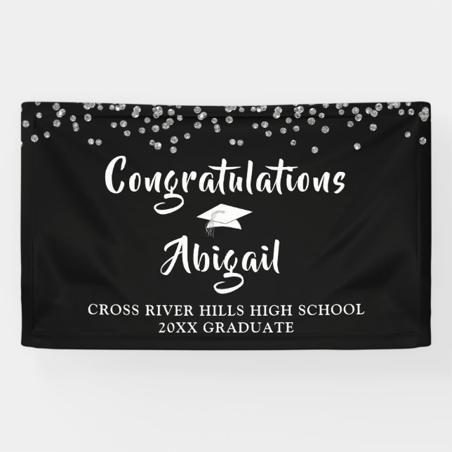 Banderoles Graduation Confetti Brush Script noir et argent (Horizontal)