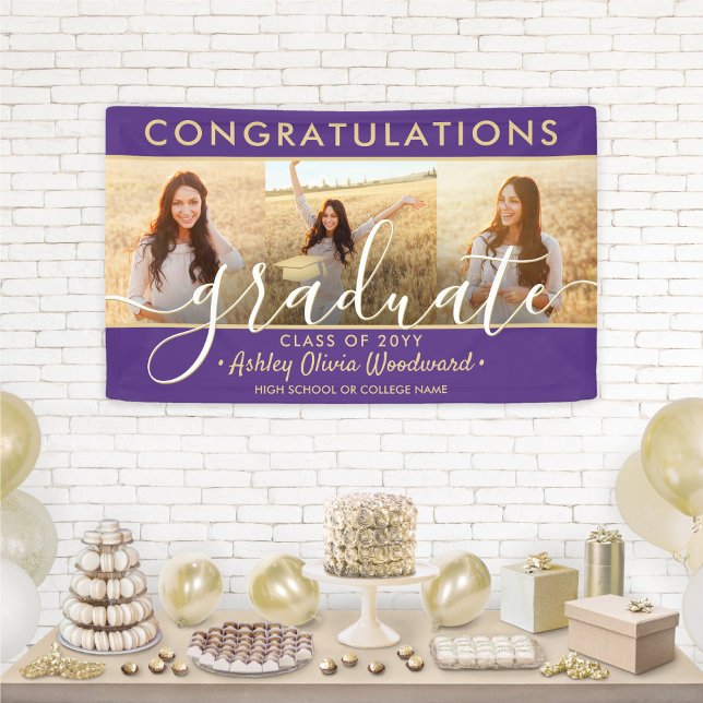 Banderoles Graduation Congrats 3 Photo Collage Purple & Gold (Créateur téléchargé)