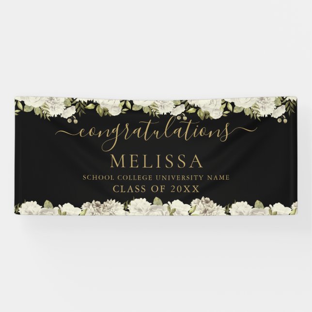 Banderoles Graduation Florale Blanche Noir Et Or Script (Horizontal)