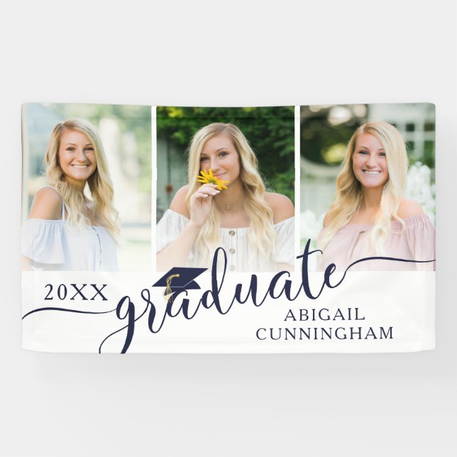 Banderoles Graduation Marine Bleu Fancy Script 3 Photos (Horizontal)