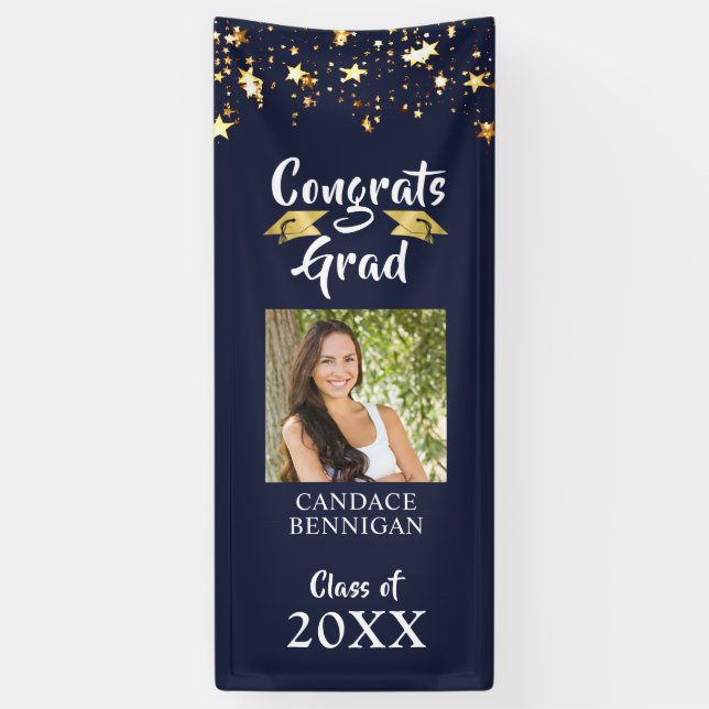 Banderoles Graduation Marine Blue Gold Stars Brush Script Pho (Vertical)