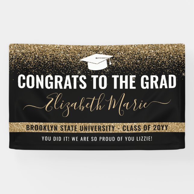 Banderoles Graduation moderne Black Gold Parties scintillant  (Horizontal)