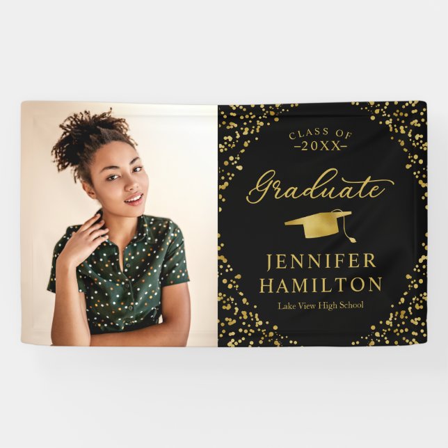 Banderoles Graduation photo Black Gold moderne (Horizontal)