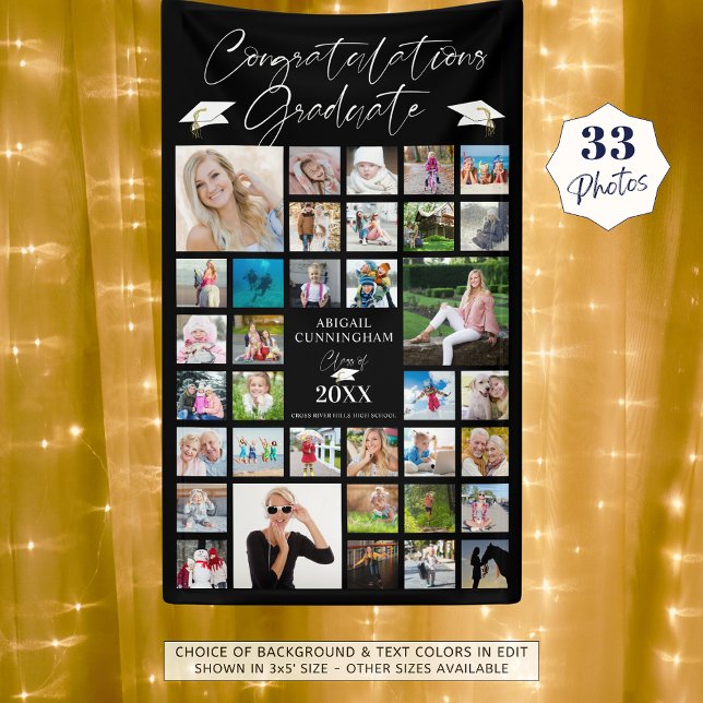 Banderoles Graduation Photo Collage Chic Script Noir (Créateur téléchargé)