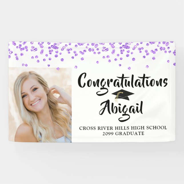Banderoles Graduation Photo Purple Confetti Brush Script (Horizontal)