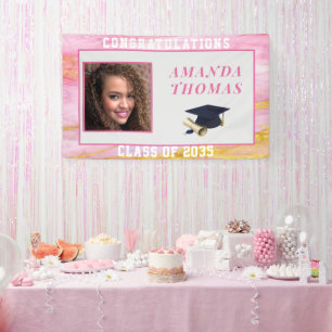 Banderoles Graduation Pink Gold Marble Photo personnalisée
