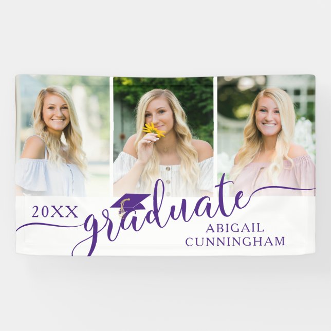 Banderoles Graduation Purple Fancy Script 3 Photo Collage (Horizontal)
