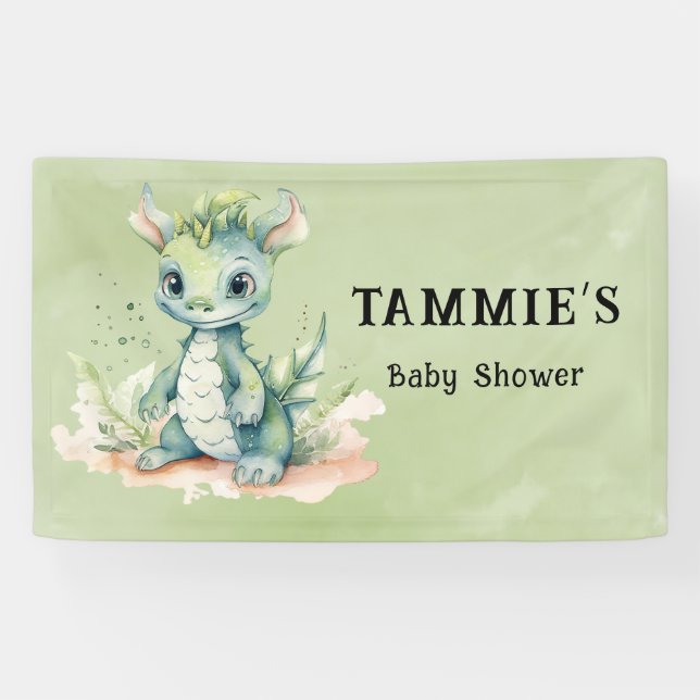 Banderoles Green Blue Watercolor Dragon Boy Baby shower (Horizontal)