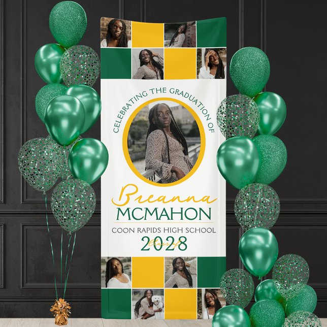 Banderoles Green & Gold 9 Photo Collage Graduation Vinyl (Green, White and Yellow Gold 9 Photo Graduation Hanging Vinyl Banner)